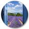Designart - Lavender Field Through Blue Open Cottage Window - Farmhouse Metal Circle Wall Art